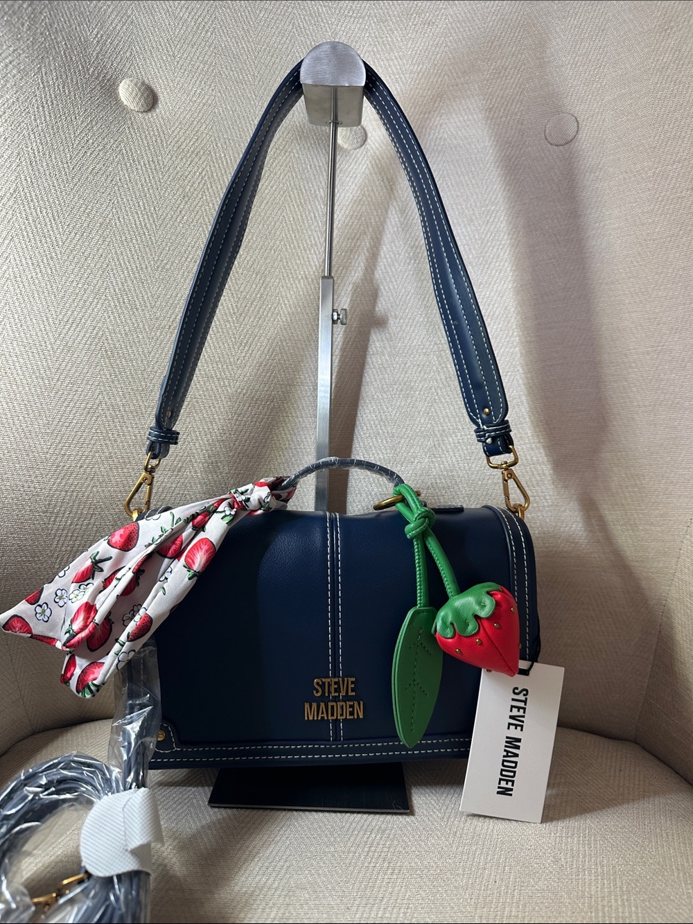 Steve Madden Navy Shoulder Crossbody Bag with Strawberry Charm and Floral Scarf